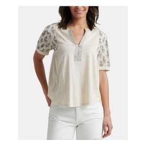 Lucky Brand NWT Mixed Media Embroidered Short Sleeve V Neck Boho Top Nat XS New